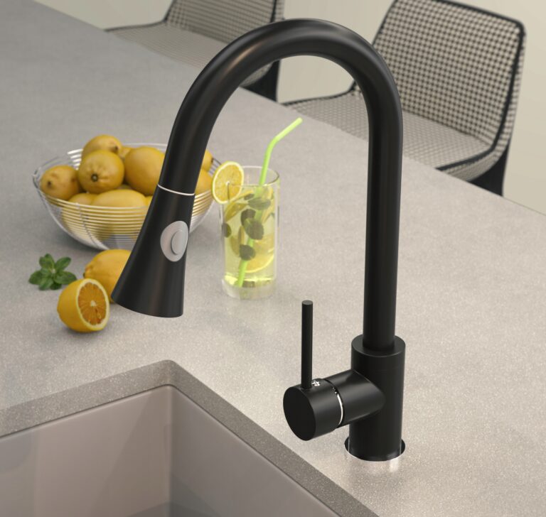 BATERIA-KUCHENNA-CZARNA-WYCIAGANA-WYLEWKA-KRAN-Wysokosc-produktu-41-cm