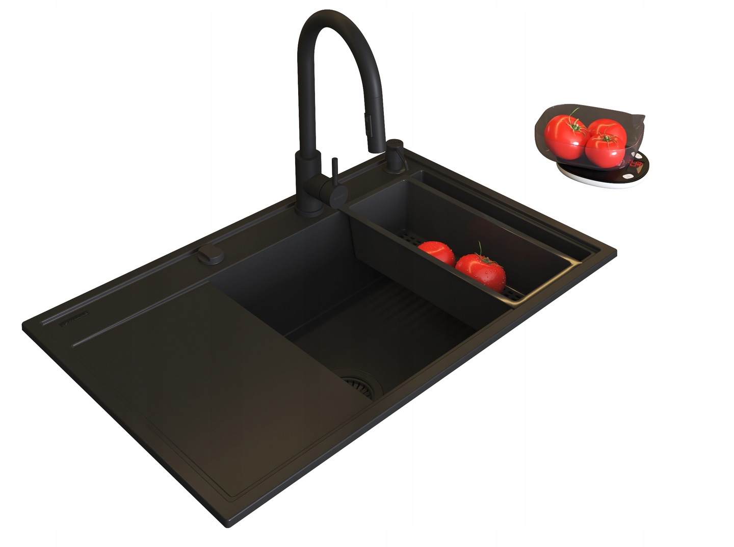 Pyramis zlew granitowy Camea  Prawy BLACK EDITION zlew/  bateria / dozownik / syfon / wkładka ociekowa + gratis
