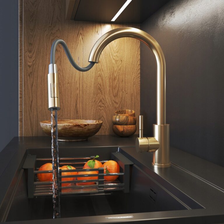 BATERIA-KUCHENNA-WYCIAGANA-WYLEWKA-ZLOTA-KRAN-STALOWY-LOSETO-BRUSHED-GOLD-Wysokosc-produktu-39-cm