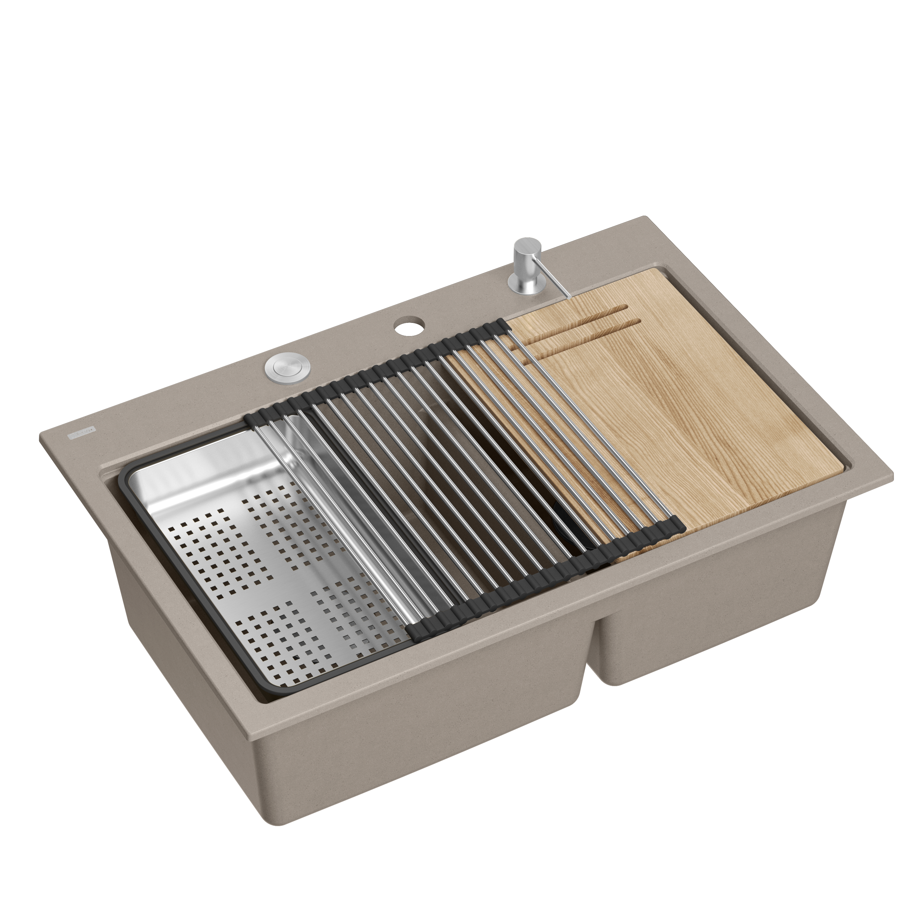 Zlewozmywak dwukomorowy MARC 120 WORKSTATION SZAROBEŻOWY 76x50 Zestaw chrom